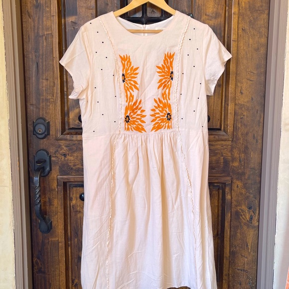 ROOLEE Cream Linen Cotton Dress Embroidered Orange Flowers Lace Trim XXXL NEW!!! - Picture 2 of 12